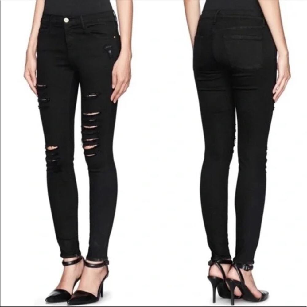 FRAME Le Skinny De Jeanne Jeans Womens 25 Black Film Noir Distressed USA